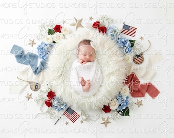 4th of July Newborn Photography Backdrop, Floral Patriotic Baby Girl Composite (Digital Download)