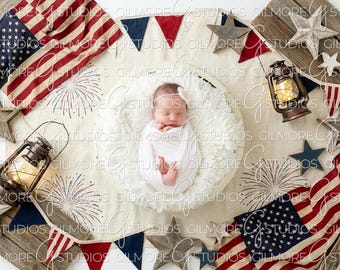 Digital Newborn PNG Backdrop Patriotic Rustic Burlap, 4th Fourth of July American Flag Baby Photography, Newborn Background, Overlay