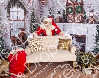 May include: A festive Christmas scene with Santa Claus, a cream-colored sofa, and a red Santa sack. The background features a brick wall, a window, and Christmas trees. Decorative pillows with holiday messages add to the seasonal theme.