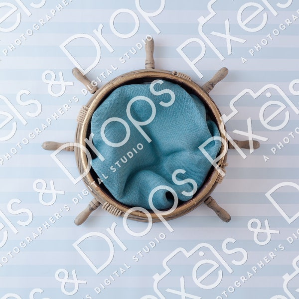 Nautical Themed Newborn Digital Backdrop Background Blue White Stripes Wheel