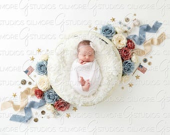 Digital Newborn Backdrop Patriotic Floral Roses, Fourth of July Baby Girl Photography Background, Elegant Red White Blue Newborn PNG Overlay