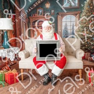 Papá Noel con traje de rayas mostrando un marco de madera horizontal, Papá Noel en Photoshop, superposición de Papá Noel, fondo navideño, fondo digital de Papá Noel