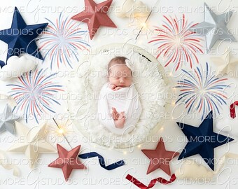 Digital Newborn Backdrop Fourth of July, Patriotic Fireworks Baby Photography Background, Red White Blue Newborn