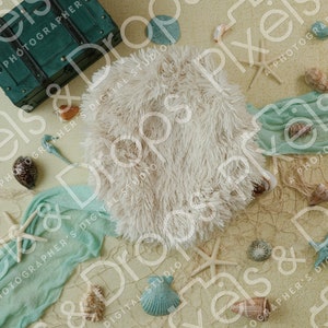 May include: A white faux fur rug with a teal blue chest and seashells on a beige background.
