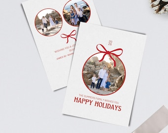 Holiday Photo Card – Round Red Ribbon Christmas Canva Template