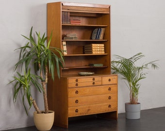 Mid-century oak bookcase by Hans Wegner, RY Mobler, 2 parts unit with chest of drawers and tambour door cabinet, Denmark 1950s