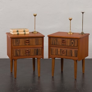 Mid-century teak bedside tables with rosewood inlays, Denmark 1960s, set of 2