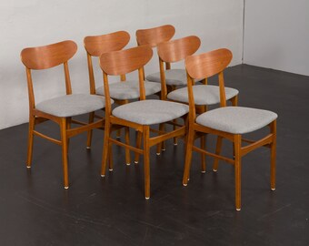 Set of 6 Danish mid century teak and oak chairs in grey wool fabric, 1960s