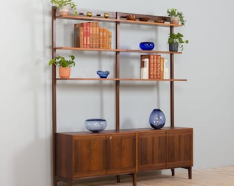 Scandinavian  two bay rosewood  free-standing wall unit with 2 cabinets and 6 shelves, Norway 1960s