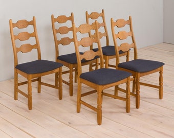 Set of five Danish oak dining chairs high razor by H. Kjærnulf 1960s