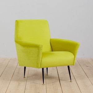 Italian mid century modern  lemongrass green velvet lounge chair  from the  60s.