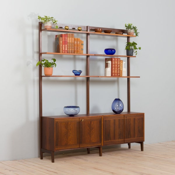 Scandinavian  two bay rosewood  free-standing wall unit with 2 cabinets and 6 shelves, Norway 1960s