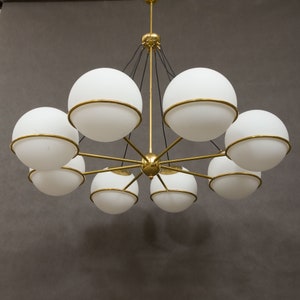 Italian brass chandelier with 8 large, opaline glass globes image 2