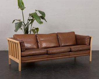 Mogens Hansen three seater sofa in brown aniline leather and beech wood, 1970s