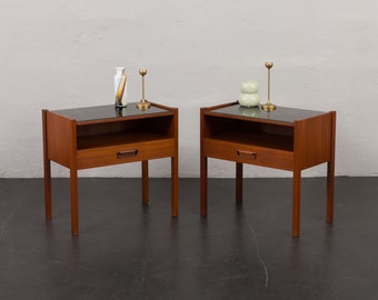 Pair of Italian mid century teak nightstands with glass top, 1960s