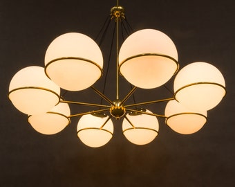 Italian brass chandelier with 8 large, opaline glass globes