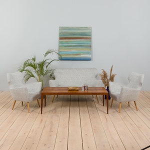 Reupholstered Italian lounge set sofa and 2 armchairs in Gio Ponti style, 1950s