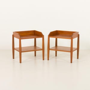 Pair of mid century minimalist nightstands, bedside tables in solid teak,  Denmark 1970s
