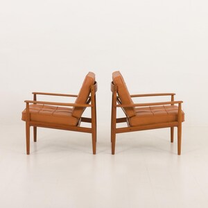 Rare Grete Jalk Teak Lounge Chairs: Cognac Aniline Leather, Cado Denmark image 5