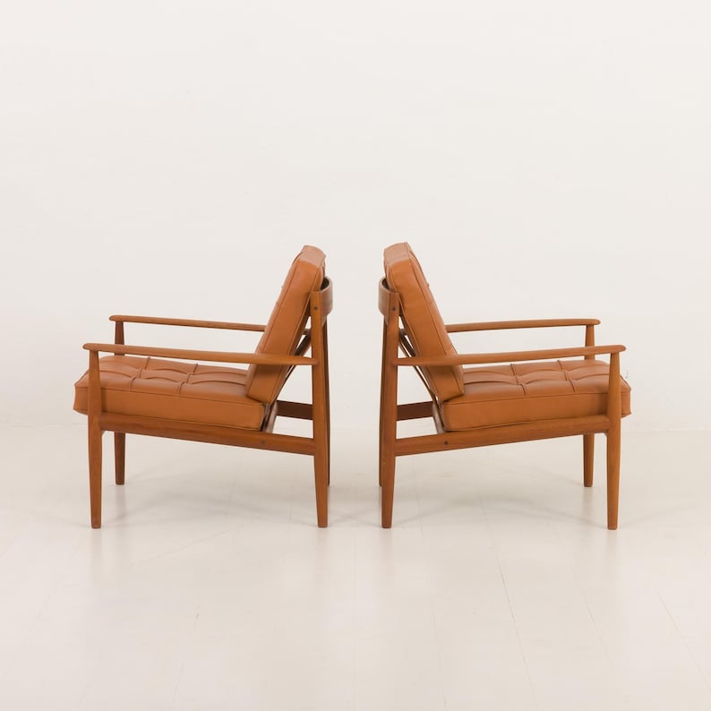 Rare Grete Jalk Teak Lounge Chairs: Cognac Aniline Leather, Cado Denmark image 5