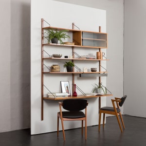 Poul Cadovius walnut home office wall unit with 2 desk shelves and a lamp, Cado, Denmark 1960s