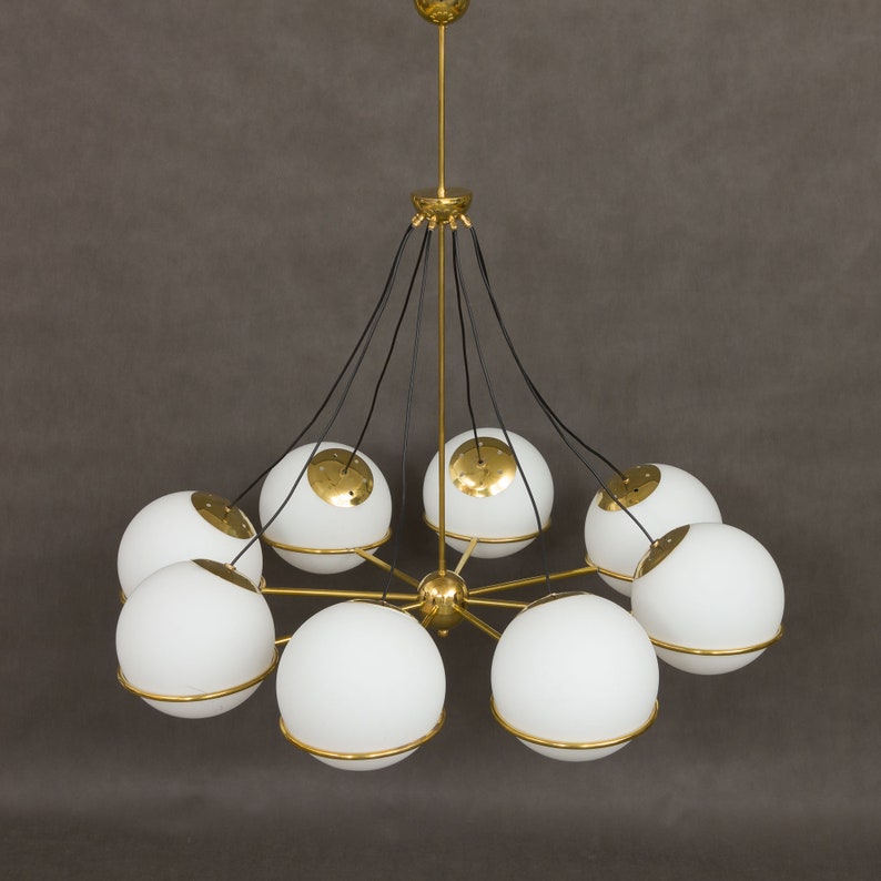 Italian brass chandelier with 8 large, opaline glass globes image 3