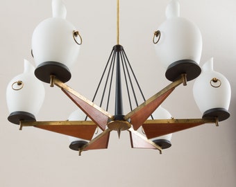 Italian brass and teak chandelier with opaline glass vase shaped shades, 1960s