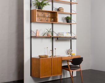 Poul Cadovius, home office wall unit in walnut with two cabinets, a desk, and a lamp, Denmark 1960s