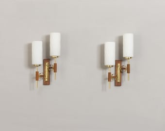 Pair of teak and brass wall sconces in the style of Lunel, 1960s