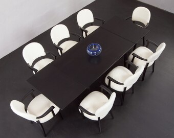 Mid-century dining room set with extension table and 8 chairs renovated in black lacquer, 1960s