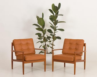 Rare Grete Jalk Teak Lounge Chairs: Cognac Aniline Leather, Cado Denmark