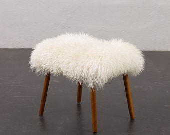 Danish mid-century footstool in natural long hair sheepskin, 1970s