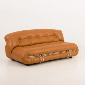 Soriana sofa by Afra and Tobia Scarpa for Cassina, in fully natural aniline cognac leather, Italy, 1970s
