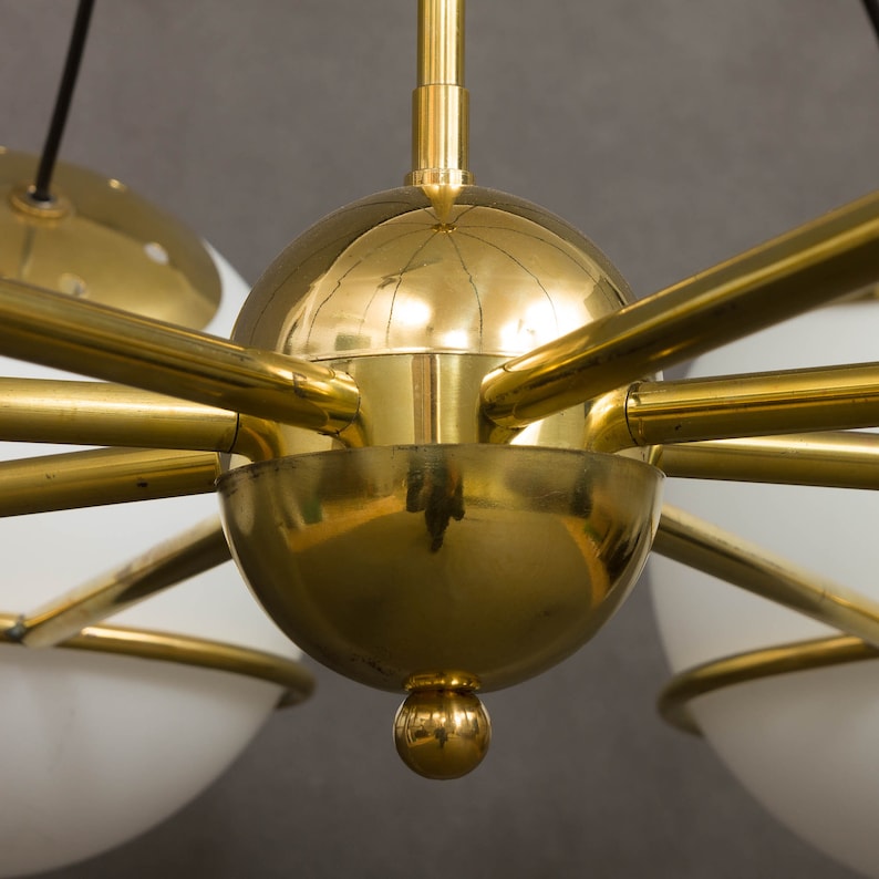 Italian brass chandelier with 8 large, opaline glass globes image 7