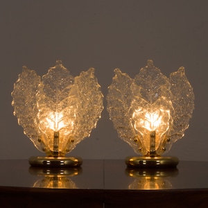 Pair of Italian brass and Murano glass leaf shaped table lamps attr. to Novaresi