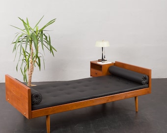 Danish daybed in teak and black leather by Horsens Mobelfabrik, 1960s