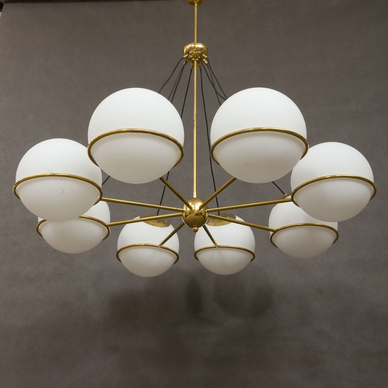 Italian brass chandelier with 8 large, opaline glass globes image 2