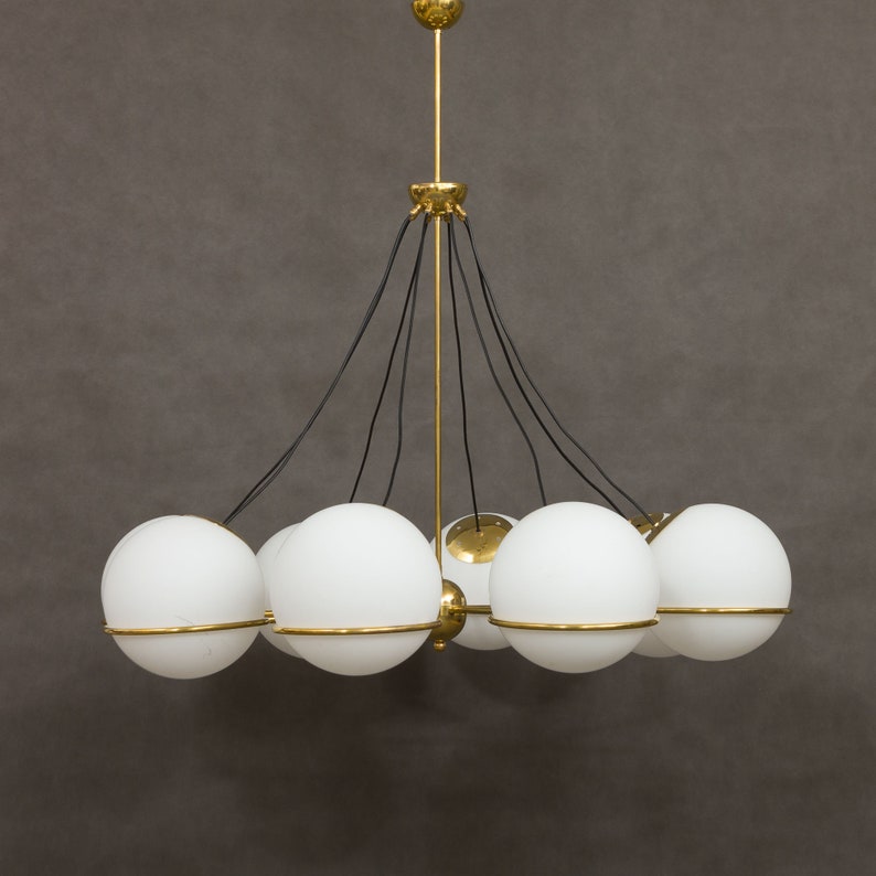 Italian brass chandelier with 8 large, opaline glass globes image 5