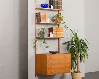 Danish one bay mid century wall unit with chest of drawers and brass hardware, 1950s