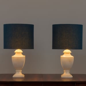 Pair of extra large Italian neoclassical table lamps with deep blue linen shades, 1980s