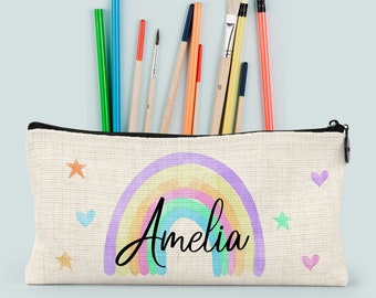 Personalised Girls Rainbow Pencil Case Make Up Bag School Kids Custom Gift Hessian Style