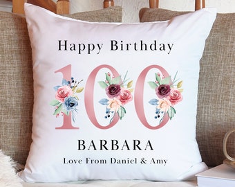 Personalised 100th Birthday Cushion Pillow - Custom Message Gifts & Unique Present Ideas for Mum, Grandma, Auntie, Sister or Friend