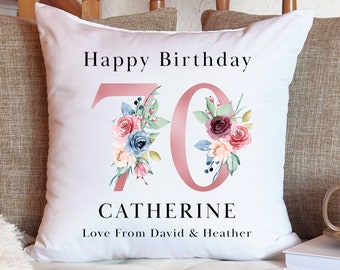 Personalised 70th Birthday Cushion Pillow - Custom Message Gifts & Unique Present Ideas for Mum, Grandma, Auntie, Sister or Friend