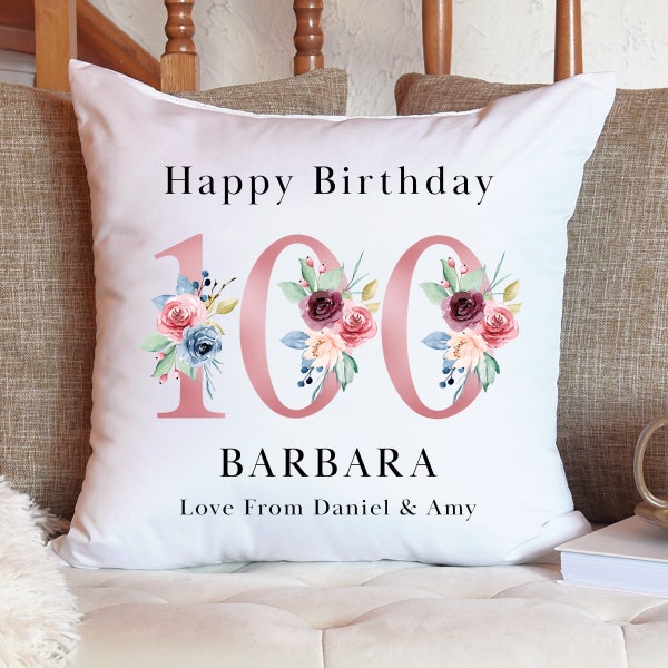 Personalised 100th Birthday Cushion Pillow - Custom Message Gifts & Unique Present Ideas for Mum, Grandma, Auntie, Sister or Friend