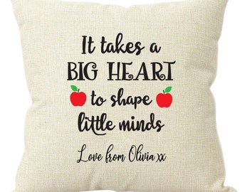 Personalised Teachers Cushion Pillow It takes a big heart to shape little minds Present Custom Hessian Style Gift