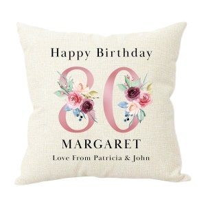 Personalised 80th Birthday Cushion Pillow Custom Message Gifts & Unique Present Ideas for Mum, Grandma, Auntie, Sister or Friend Linen