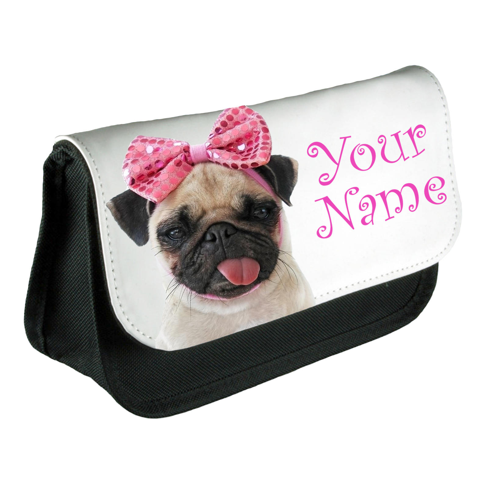 Personalised Girls Pug Bow Pencil Case Make Up Bag School Kids Etsy