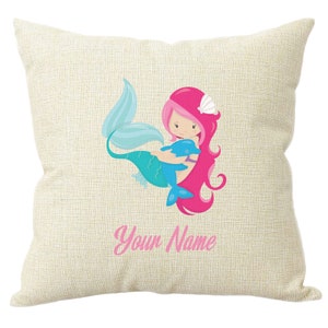 Personalised Girls Mermaid Dolphin Cushion Pillow Hessian Style Birthday Present Custom Gift