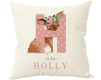 Personalised Girls Animal Alphabet Hessian Style Cushion Pillow Birthday Present Custom Gift