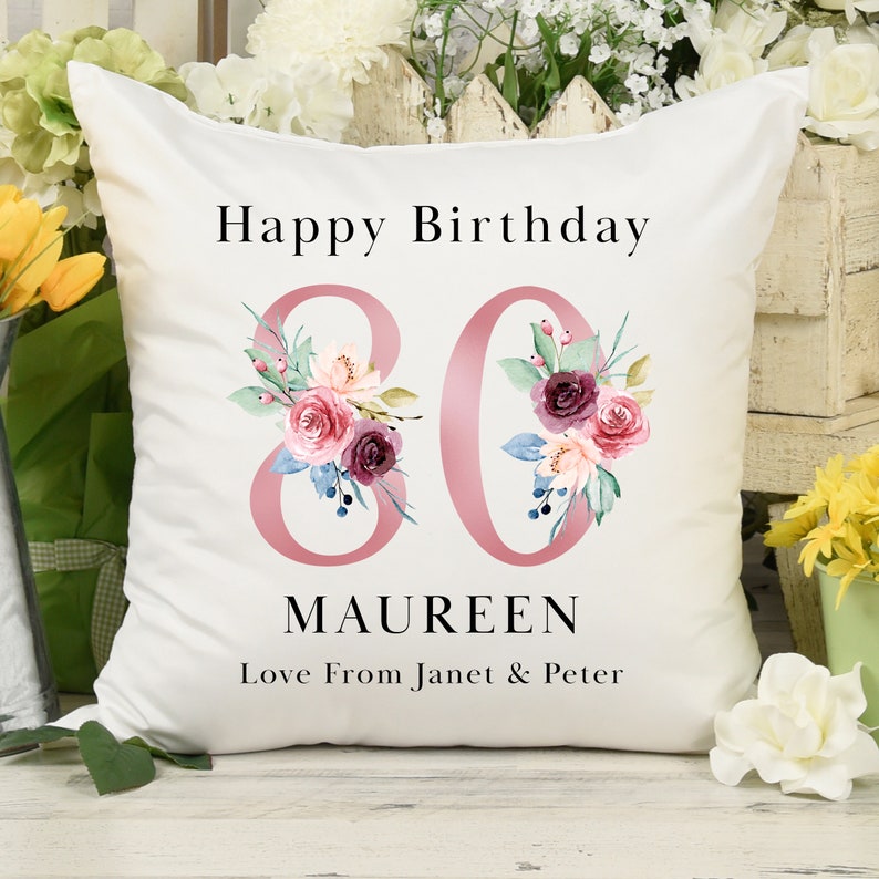 Personalised 80th Birthday Cushion Pillow Custom Message Gifts & Unique Present Ideas for Mum, Grandma, Auntie, Sister or Friend image 2